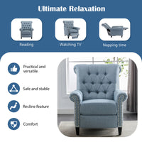 Mid-Century Modern Recliner Chair Single Sofa Home Theater Seatting Linen Tufted Adjustable Single Reclining Armchair with Nailheads Roll Arm for Living Room, Bedroom, Reading Room, Office, Blue