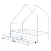 Metal Bed Frame, Twin Size House Bed with 2 Storage Drawers and Roof for Kids,Teens, Playhouse Design Bed Frame with Slats Support, No Box Spring Required, White