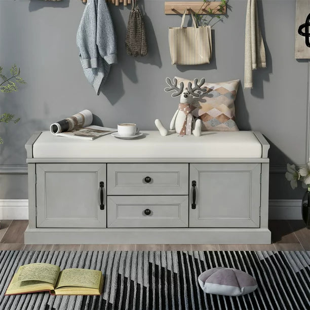 Storage Bench with 2 Drawers and 2 Cabinets, Shoe Bench Under Window Bench with Storage & Velvet Removable Cushion, Wooden Organizer Storage Bench for Living Room Entryway Front Door, Gray Wash