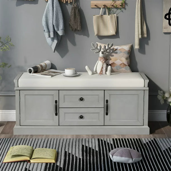 Storage Bench with 2 Drawers and 2 Cabinets, Shoe Bench Under Window Bench with Storage & Velvet Removable Cushion, Wooden Organizer Storage Bench for Living Room Entryway Front Door, Gray Wash