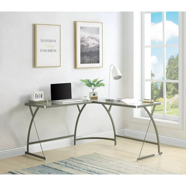 JINS&VICO Modern Wood Computer Desk in Clear Glass & Silver Finish for Bedroom Living Room, Silver