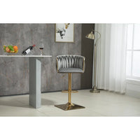 Velvet Bar Stools Set of 2, Swivel Woven Modern Adjustable Gold Bar Stools, Swivel Counter Height Barstools with Backs Gold Metal Tall Kitchen Chairs for Home Bar Dining Room Kitchen Island, Gray