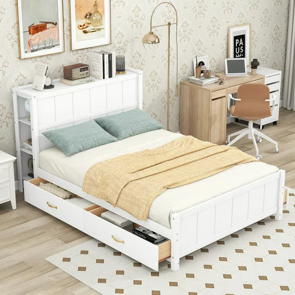 Full Size Bed Frame with 4 Storage Drawers, Wood Full Size Platform Bed with Storage Shelves Headboard, Full Storage Bed with Support Legs for Girls Boys, No Box Spring Needed, White