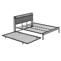 Queen Size Metal Platform Bed Frame with Twin size trundle, Upholstered headboard ，Sockets, USB Ports and Slat Support ,No Box Spring Needed，Black