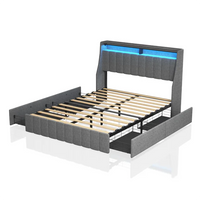 Full Size Platform Bed with LED,Linen Fabric Upholstery Platform Bed Frame with Wings Storage Headboard Design and 4 Drawers,Light Grey