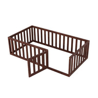 Twin Size Floor Bed, Wood Twin Montessori Bed Frame with Fence Guardrails and & Support Slats, Twin Playhouse Bed with Door Design, Fence Bed Playpen Bed for little ones, Walnut