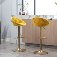 Bar Stools Set of 2, Velvet Swivel Adjustable Height Barstool with Low Back & Footrest for Home Bar Kitchen Island Chair with Golden Base, Mustard