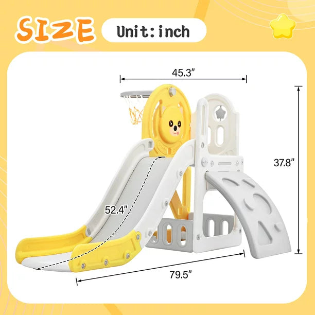 4 in 1 Toddler Slide and Climb Set, Kids Playground Climber Slide Playset with Basketball Hoop, Climb Stairs and Toy Storage Space Freestanding Play Combination for Babies Indoor & Outdoor, Yellow
