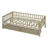 Twin Size Daybed with Two Drawers, Solid Wood Montessori Bed Frame with Fence Rails, Twin Size Platform Bed Sofa Bed with 10 Sturdy Slats for Bedroom Living Room and Guest Room, Noise Free, Natural