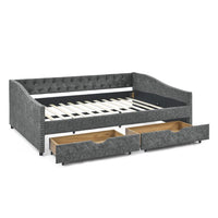 Queen Size Daybed with 2 Drawers, Upholstered Tufted Sofa Bed Frame with Wood Slats Support & Button Back & Copper Nailed Armrests, for Bedroom, Living Room, No Box Spring Needed, Gray