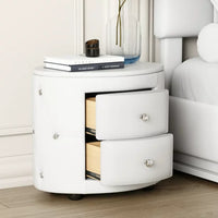PU Leather Upholstered Nightstand with 2 Drawers and Crystal Handle, Button Tufted Dresser Side Table Chest, Multifunctional Round Storage Beside Table for Living Room, Bedroom, Fully Assembled, White