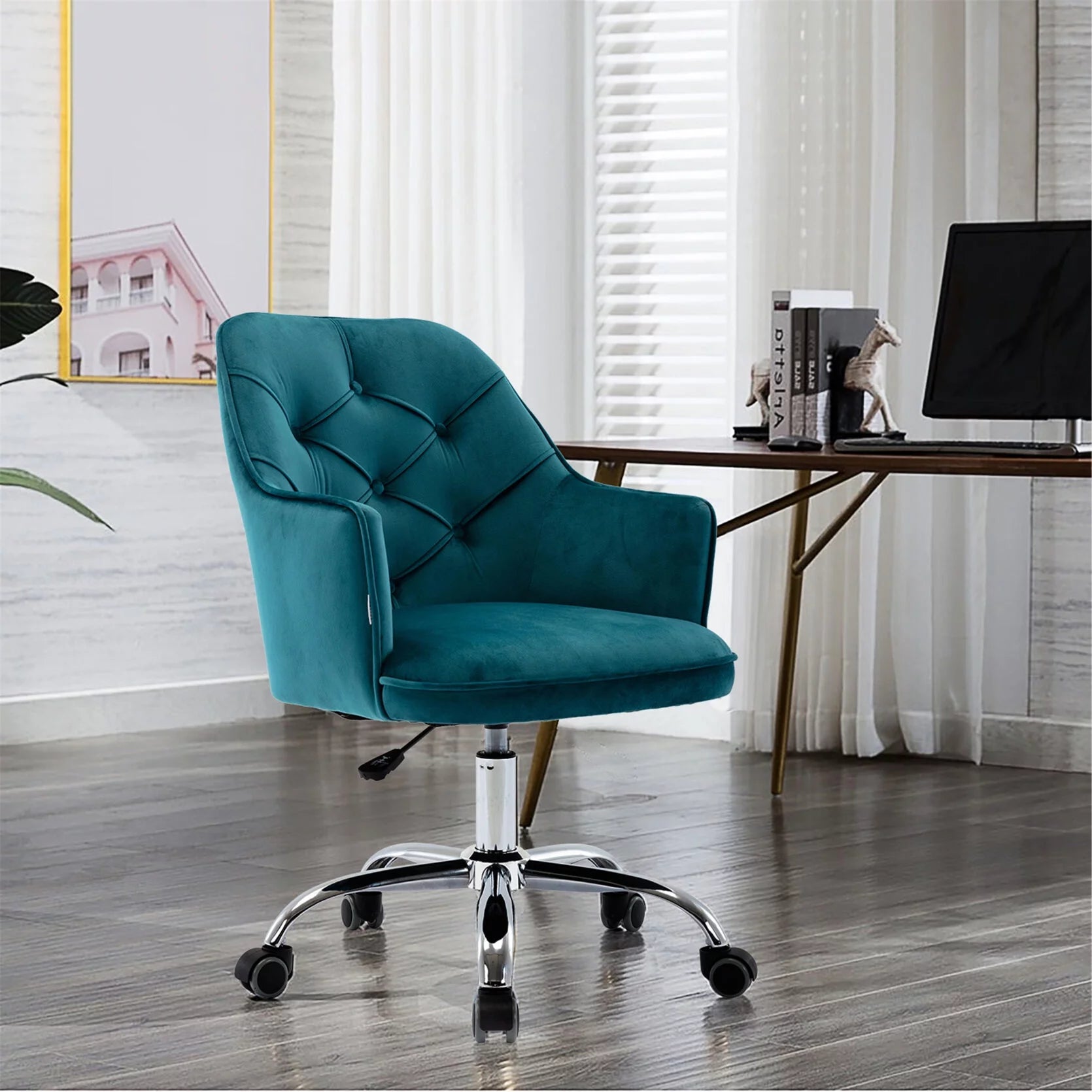 Comfy Desk Chair with Arm, Small Home Office Chair with Wheels Modern Velvet Swivel Shell Chair Vanity Chair with Tufted Back & Metal Base Adjustable Height Swivel Task Chair Make Up Chair, Teal