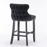 Set of 2 Contemporary Velvet Upholstered Wing-Back Barstools with Wooden Legs, Bar Chairs with Chrome Nailhead Trim and Button Tufted Decoration, Bar Stools for Kitchen Island Dining Room Pub, Black
