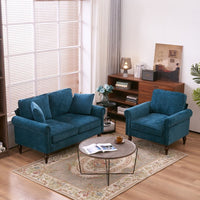 Chenille Accent Armchair, Small Single Sofa with Curved Armrest and Solid Wood Gourd Foot, Modern Upholstered Reading Chair for Apartment Bedroom Office, Blue-Green