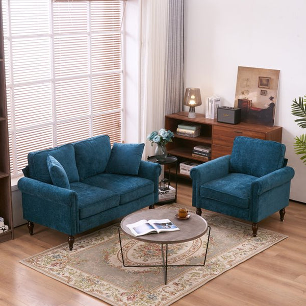 Chenille Accent Armchair, Small Single Sofa with Curved Armrest and Solid Wood Gourd Foot, Modern Upholstered Reading Chair for Apartment Bedroom Office, Blue-Green
