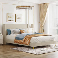 Queen Size Platform Bed, Corduroy Platform Bed with Metal Legs, Modern Upholstered Platform Bed Frame with Wingback Headboard, Strong Wood Slats Support, No Box Spring Needed, Easy Assembly, Beige