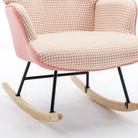 Cotton Linen Fabric Nursery Rocking Armchair with Head Pillow, Houndstooth Glider Rocker with Solid Wood Base for Living Room, Bedroom, Baby Room, Pink