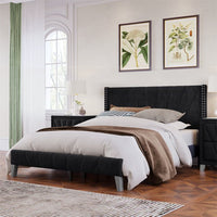 Queen Size Upholstered Platform Bed, Velvet Upholstered Platform Bed Frame with Channel Tufting and Nailhead Trim Headboard for Adults, No Box Spring Needed, Black
