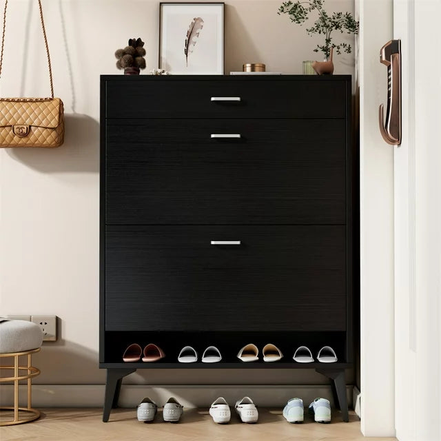 Shoe Cabinet with 2 Flip Drawers and Open Shelf,Free Standing Shoe Racks Storage Cabinet with Metal Legs,Shoe Rack Organizer Entrance Shoe Storage Cabinet Narrow Closet for Entryway Hallway,Black