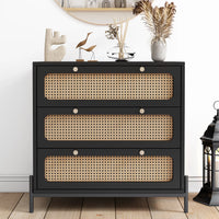 Modern 3 Drawer Dresser, Rattan Chest of Drawers with Spacious Storage Rattan Dresser, Closet Storage Bedside Table Dresser for Bedroom Living Room Entryway, Hallway, Black