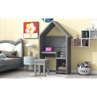 House-Shaped Desk with Cushion Stool, Wooden Desk and Chair Set with Roof and a Stepped Desk Surface, Kid's Reading Writing Desk Set for Bedroom Study Room