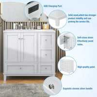 36 Inch Bathroom Vanity with Sink and USB Charging, Modern Bathroom Sink Cabinet with Two Doors and Three Drawer, Bathroom Storage Vanity Cabinet with Single Top Sink, Faucets Not Include, White
