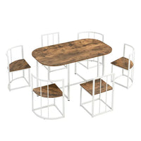 7-Piece Dining Table Set with Faux Marble, Modern Compact 55Inch Kitchen Table Set for 6, Simple Dining Marble Table with 2 Middle Chairs and 4 Triangular Chairs for Dining Room Kitchen, White+Cherry