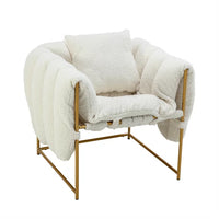 Accent Chair, Modern Leisure Single Sofa with Open Metal Frame, Retro Upholstered Armchair with Teddy Fabric Paded and Pillow, Comfy Side Lounge Chair for Living Room Bedroom Waiting Room, White