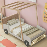 Full Size Car Canopy Bed with Ceiling Cloth and Upholstered Headboard, Platform Bed Frame with Light, Car-Shape Bed Frame with Wheels for Toddler Children Boys Girls,Natural