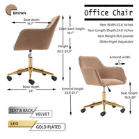 Modern Swivel Home Office Chair, Cute Mid-Back Velvet Upholstered Computer Desk Chair Armchair with Gold Metal Legs and Universal Wheels, Adjustable Height 360 Swivel Vanity Task Chair, Light Coffee