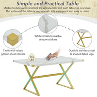 Dining Room Sets,7-Piece Modern Dining Table Set,Rectangular Marble Texture Kitchen Table and 6 PU Leather Chairs with X-Shaped Gold Steel Pipe Legs for Dining Room Living Room,White