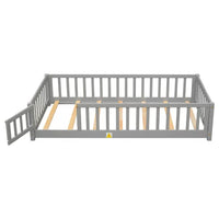 Twin Size Floor Bed for Toddlers and Kids, Solid Wood Montessori Floor Bed with Safety Fence Rail and Small Door, Durable Montessori Bed Frame with Sturdy Slats Support for Boys and Girls, Gray