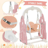 Toddler Slide and Swing Set, 4-in-1 Kids Slide with Height Adjustable Swing, Basketball Hoop and Climber Stairs, Toddler Playground Toddler Playset for Indoor Outdoor, Pink and White