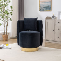 25.2'' Wide Swivel Accent Barrel Chair with Pillow, Curved Tufted Back Upholstered Armchair with Gold Metal Base, Modern Vanity Stool, For Living Room, Bedroom, Hotel, Black