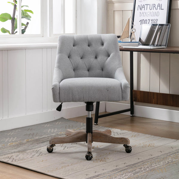 ARCTICSCORPION Swivel Home Office Chair with Wheels&Wood Base, Modern Tufted Upholstered Swivel Task Chair, Height Adjustable Work Chair, Leisure Shell Vanity Chair for Living Room, Bedroom, Gray