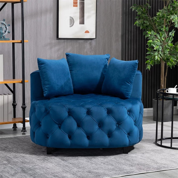 Accent Barrel Chair, Modern Button Tufted Velvet Upholstered Barrel Chair with 3 Pillows, Comfy Single Sofa Chair with Curved Back and Solid Wood Legs, Oversized Leisure Lounge Chair for Bedroom, Blue