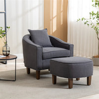 Accent Chair with Ottoman, Mid Century Modern Barrel Chair, Upholstered Armchair with Footstool and Pillow Club Tub Round Arms Chair with Wood Legs for Living Room, Bedroom, Office, Lounge, Dark Gray