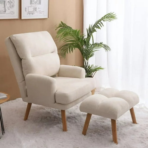 Accent Chair with Ottoman Set, Modern Fabric Upholstered Armchair with Wooden Legs and Adjustable Backrest, Comfy Lounge Chair Single Sofa Chair for Living Room, Bedroom, Reading Room, Beige