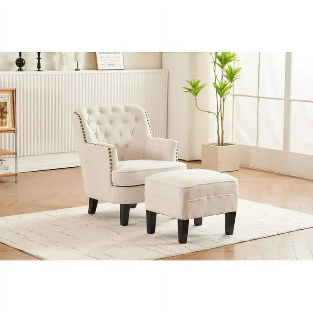 Accent Chair with Ottoman,Upholstered Sofa Chair and Foot Stool Set,Linen Reading Chair with Nail Head Trim,Tufted Arm Chair with Solid Wood Legs,for Living room Bedroom Office,Beige