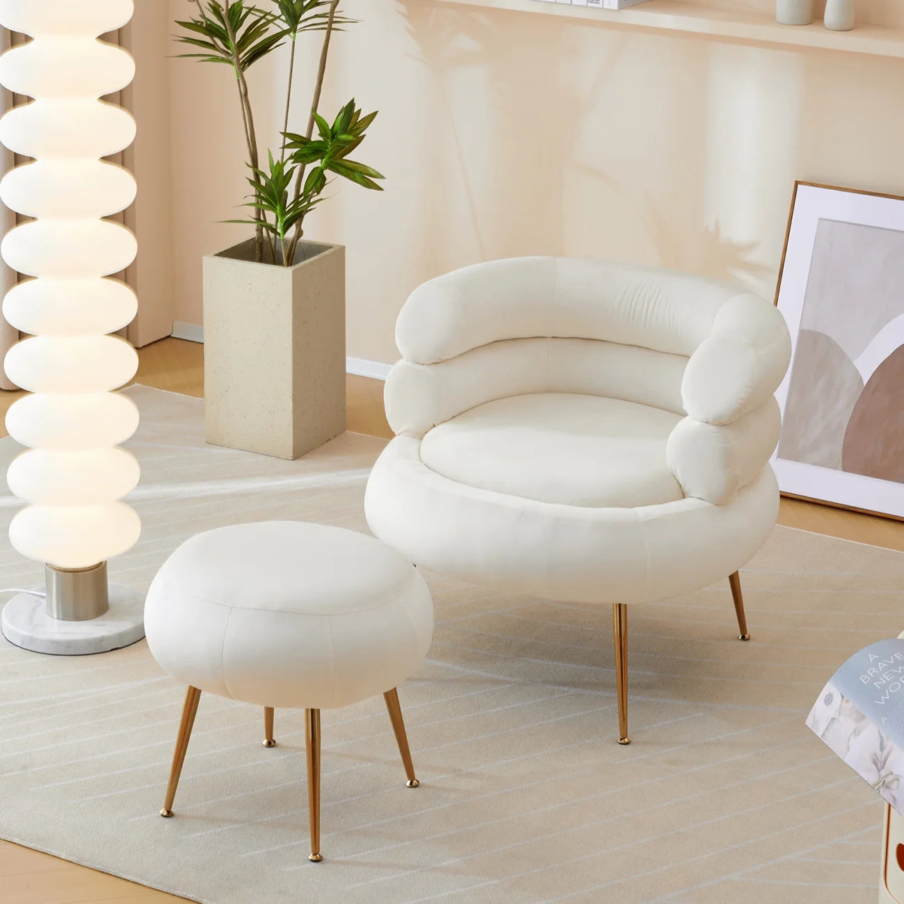 Accent Chair with Ottoman, Velvet Upholstered Barrel Chair and Ottoman Set for Loving Room, Modern Comfy Armchair and Footrest with Metal Legs for Living Room, Bedroom, Reading Room, White