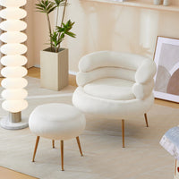 Accent Chair with Ottoman, Velvet Upholstered Barrel Chair and Ottoman Set for Loving Room, Modern Comfy Armchair and Footrest with Metal Legs for Living Room, Bedroom, Reading Room, White