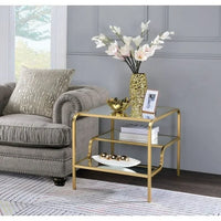 Accent End Table, Rectangular Glass Tabletop Multi-Tier Organizer Shelves Golden Metal Frame, Bedroom Nightstand, Living Room Sofa Side Table, 28" x 24" x 23"