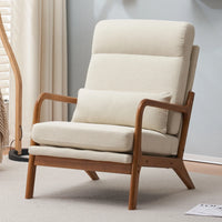 Accent Leisure Chair, Mid-Century Modern Arm Chair with Solid Wood Armrests and Legs, High Back Accent Chair with Thick Seat Cushion and Backrest for Living Room Bedroom Balcony Studio, White