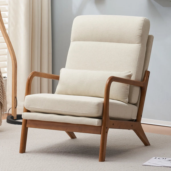 Accent Leisure Chair, Mid-Century Modern Arm Chair with Solid Wood Armrests and Legs, High Back Accent Chair with Thick Seat Cushion and Backrest for Living Room Bedroom Balcony Studio, White