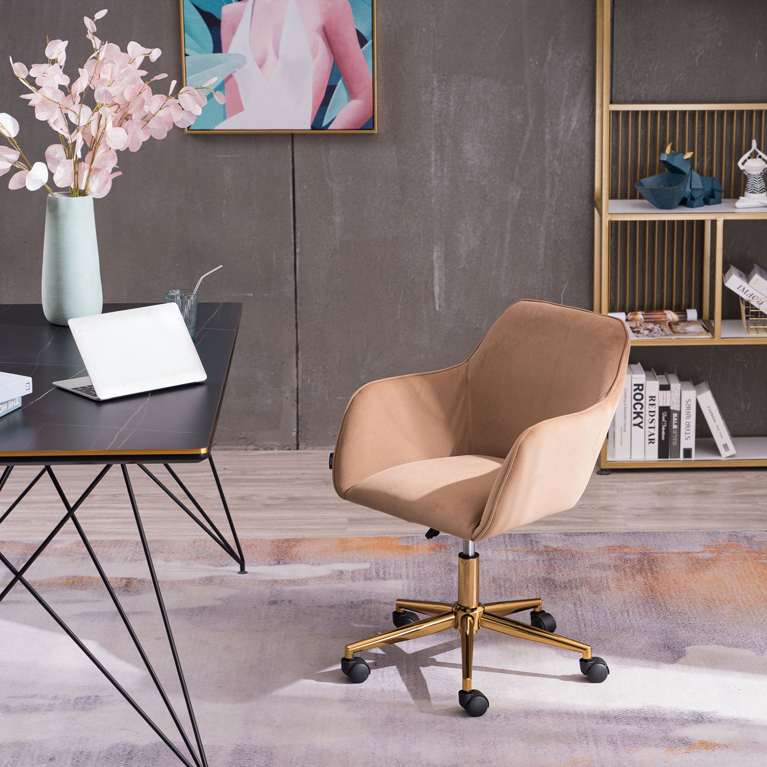 Adjustable Height 360 Revolving Home Office Chair, Soft Velvet Fabric Material Desk Chair with Gold Metal Legs and Universal Wheels, Modern Computer Chair for Indoor, Light Coffee