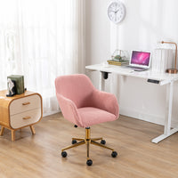 Adjustable Height 360 Revolving Home Office Chair, Soft Wool Fabric Material Desk Chair with Gold Metal Legs and Universal Wheels, Modern Computer Chair for Indoor, Pink Teddy