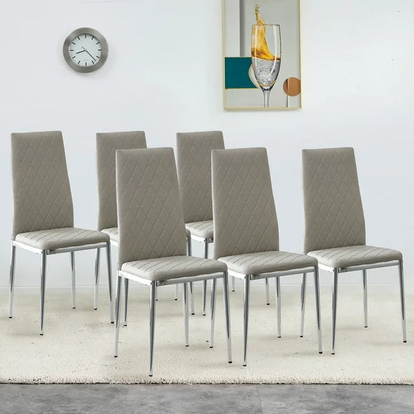 Armless Dining Chair with High Back, PU Leather Grid Shaped Dining Chairs Set of 6, Upholstered Dining Table Chairs with Electroplated Metal Leg for Dining Room, Living Room, Kitchen and Office, Gray