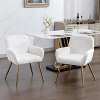 Artificial Rabbit Hair Dining Chair,Furry Desk Chair,Modern Faux Fur Vanity Chair for Teen Girls,Comfy Armchair with Golden Metal Legs for Bedroom Dining Room Living Room,Set of 2,White