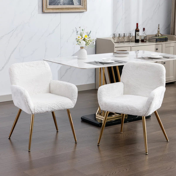 Artificial Rabbit Hair Dining Chair,Furry Desk Chair,Modern Faux Fur Vanity Chair for Teen Girls,Comfy Armchair with Golden Metal Legs for Bedroom Dining Room Living Room,Set of 2,White