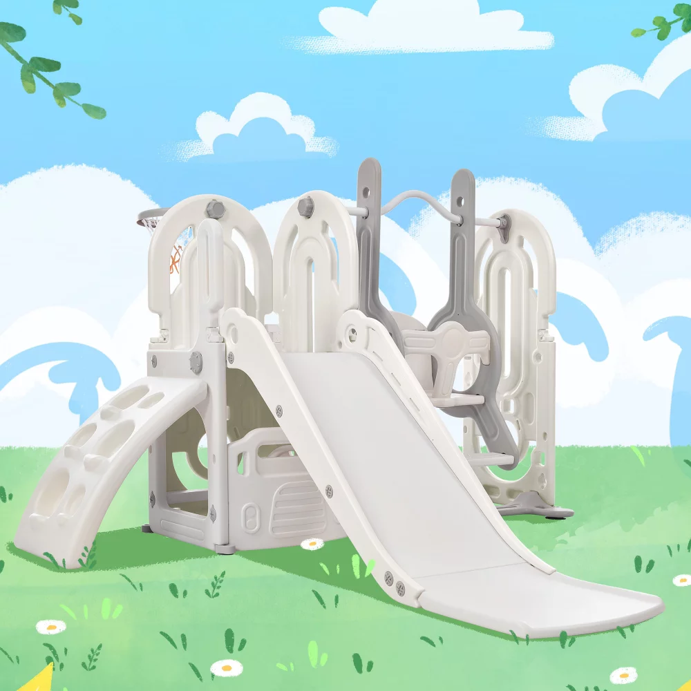 5 in 1 Toddler Swing and Slide Set with Climber, Kids Playground Climber Slide Playset with Safety Belt, Armrest, Basketball Hoop, High Adjustable Baby Swing Set for Indoor Outdoor Backyard, Gray